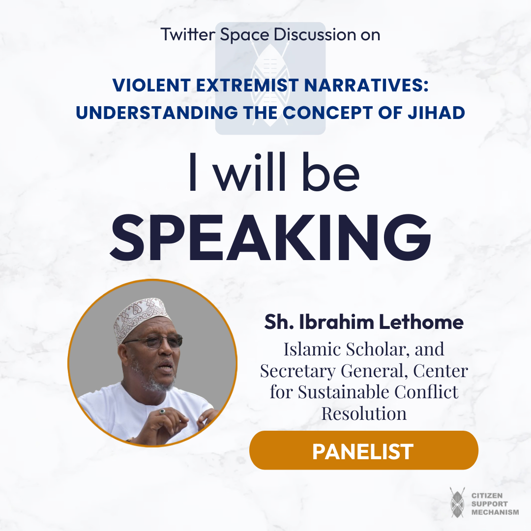 Sh. Ibrahim Lethome from @PeaceCenter_ will be speaking in today's Space starting at 5:00pm.  

Sh. Lethome is a Muslim religious scholar, an expert in Islamic law, and a long-standing lawyer specializing in Muslim law matters. Currently, he is the Secretary General of