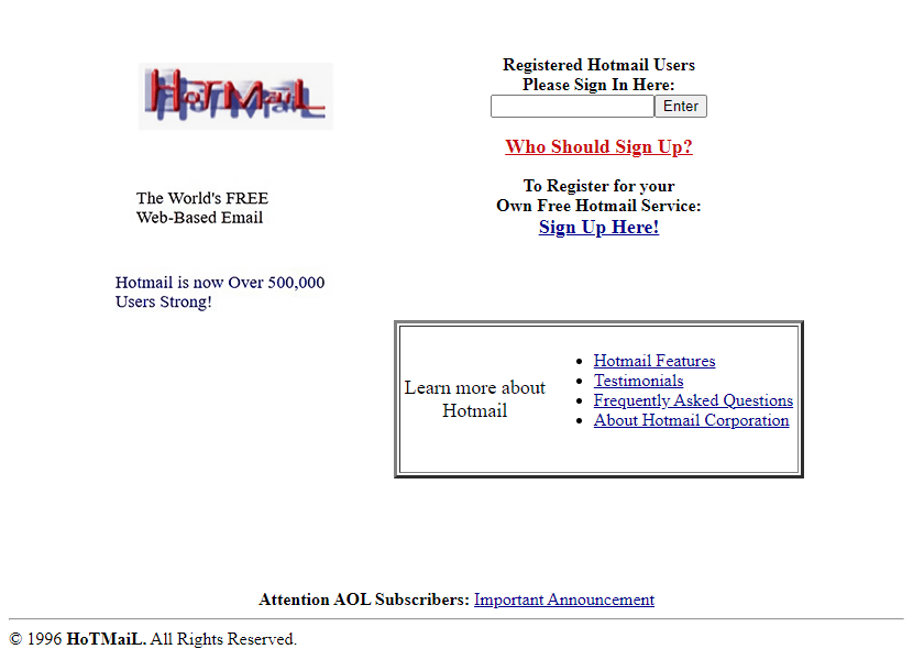 WebDesignMuseum's tweet photo. Happy 28th Birthday Hotmail! 

On July 4, 1996 Hotmail service was founded by Sabeer Bhatia and Jack Smith and was one of the first webmail services on the Internet.

#InternetHistory https://t.co/RJJZdk8Izs