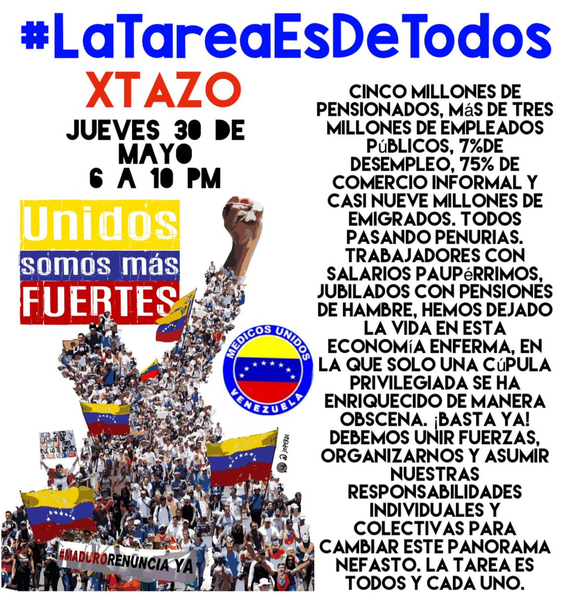 #LaTareaEsDeTodos desde hoy y hasta contar última acta en el centro de votación el #28J Sabemos que no será fácil, por eso todos somos necesarios. Apoya el Xtazo de @MedicosUnidosVe hoy porque nadie puede quedarse sin participar, no solo es votar, sino defender la democracia