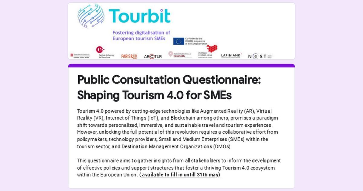 Resetting18's tweet photo. 🔔 Our sister project @Tourbit_EU is developing a Tourism 4.0 industry Roadmap and needs your insights!

Share your vision here 👉 https://t.co/J0pTK9mlxK 

#COSME_EU @Eurecat_news @TICSud @cittasbt @AlbanianTrip @feht_tarragona @ISCTEIUL @EU_EISMEA #ResettingEUproject https://t.co/6qpF9RZnr7