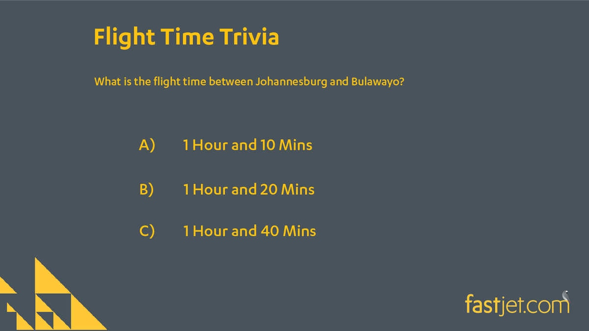 What is the flight time between Johannesburg and Bulawayo? More choices, More flexibility. #fastjet #flyfastjet #Johannesburg #Bulawayo