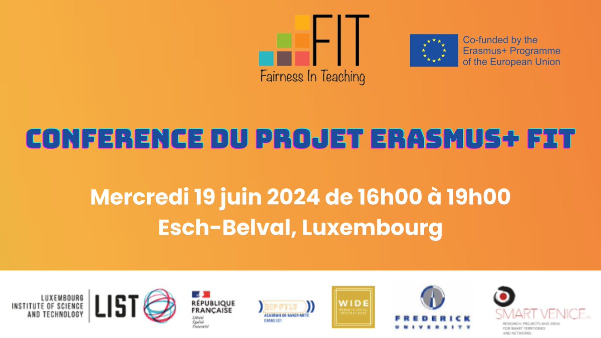 dane_nancy_metz's tweet photo. 🗓 A vos agendas ! mercredi 19 juin 2024
📍Conférence finale du projet #ErasmusPlus FIT, #FairnessInTeaching qui vise à développer l'attrait des filles pour les matières scientifiques et le #numérique.
Plus d'informations #FIT2024 :
Inscription gratuite👉 https://t.co/b7RVSJ1wIy https://t.co/JJh3toQhUM