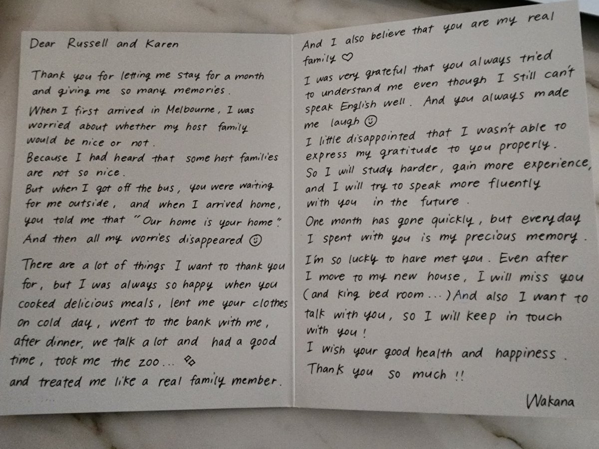 AHNHomestay's tweet photo. #AHNFeedback, done differently. 

Karen &amp; Russell hosted Wakana in Melbourne. This is what she had to say to them when she left. 

#TheAHNDifference #AHNHomestay #AHNFamilyAU #AustralianHomestayNetwork #InternationalStudent #Homestay #Australia #InternationalFamily #HostFamily https://t.co/6PXBPwE9RS