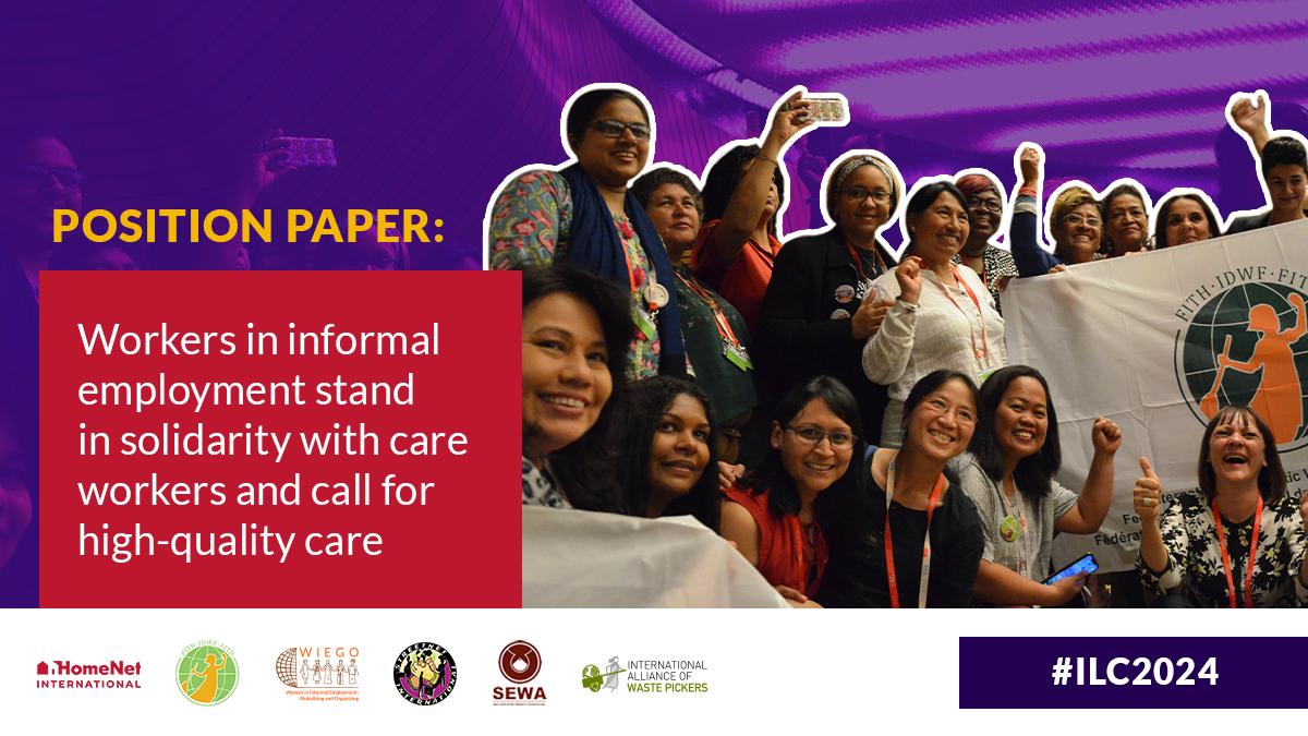 WIEGO (@wiegoglobal) on Twitter photo We call for high-quality care services for ALL workers 📣 <a href="/globalrec_org/">♻️ International Alliance of Waste Pickers</a> <a href="/IDWFED/">IDWF - International Domestic Workers Federation</a> <a href="/HomeNetInt/">HomeNet International</a> <a href="/Streetnet1/">StreetNet International</a> <a href="/SEWAFed/">SEWA Cooperative Federation</a>
Read our joint position paper in preparation for the #ILC2024 general discussion on decent work and the #CareEconomy: bit.ly/3KccMI6 We call for high-quality care services for ALL workers 📣 <a href="/globalrec_org/">♻️ International Alliance of Waste Pickers</a> <a href="/IDWFED/">IDWF - International Domestic Workers Federation</a> <a href="/HomeNetInt/">HomeNet International</a> <a href="/Streetnet1/">StreetNet International</a> <a href="/SEWAFed/">SEWA Cooperative Federation</a>
Read our joint position paper in preparation for the #ILC2024 general discussion on decent work and the #CareEconomy: bit.ly/3KccMI6