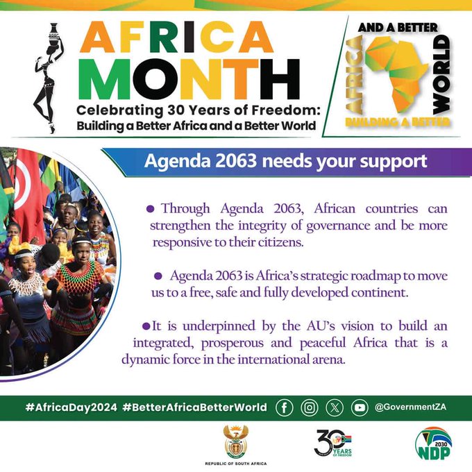 May is #AfricaMonth. Agenda 2063 is at the ❤️ of continental renewal & growth. It is Africa's blueprint and master plan for global powerhouse of the future. Agenda 2063 needs your support!

#AfricaMonth2024
#AfricaMonth
#BetterAfricaBetterWorld