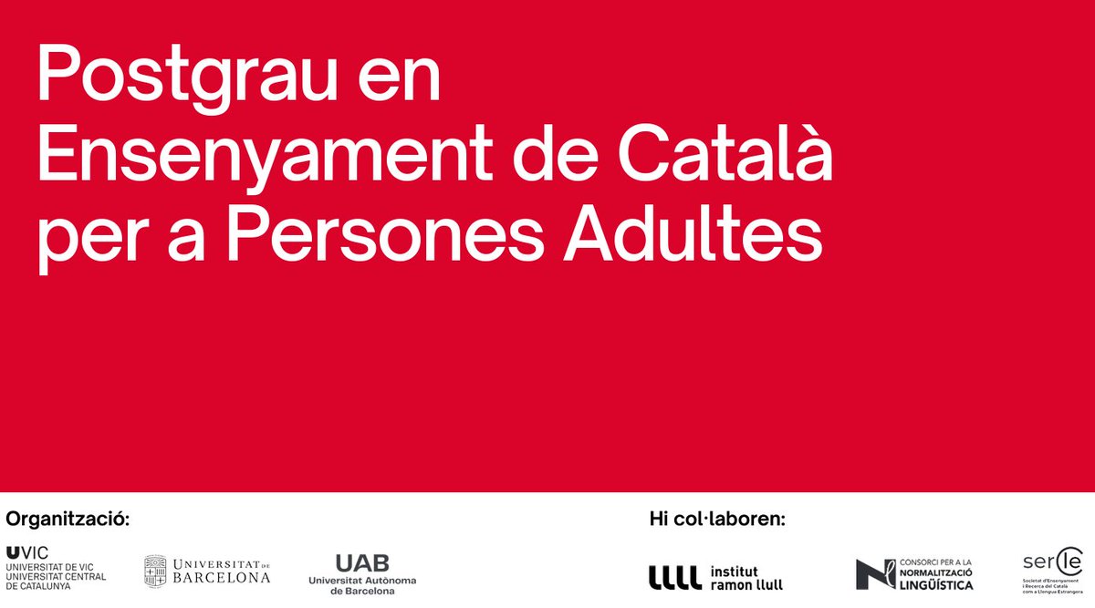 🟣Et vols formar com a docent de català per a persones adultes? Vols aprendre a ensenyar amb l'enfocament basat en tasques? Postgrau EN LÍNIA. 🟣Preinscripció: ja.cat/jRBM8. 
@cpnlcat @IRLlull @llenguacatalana @FilComUB @UABBarcelona @ICEUAB @uvic_epostgrau @SER_CLE