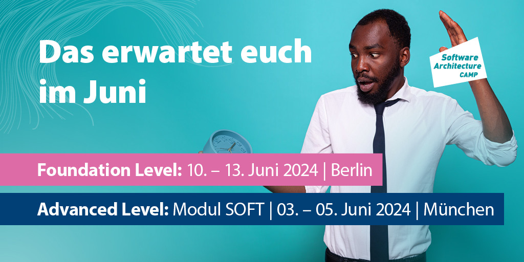 SoftwareArcCamp's tweet image. 📅 Seid Ihr bereit für den Juni? Es ist Zeit Eure Softwarearchitektur-Skills zu erweitern. 

Wollt ihr erstmal eine solide Wissensgrundlage bauen oder euch mit Techniken zur effektiven Kommunikation in IT Projekten beschäftigen? 🙌

Zu den Spontantickets: ow.ly/NNej50S1z9r