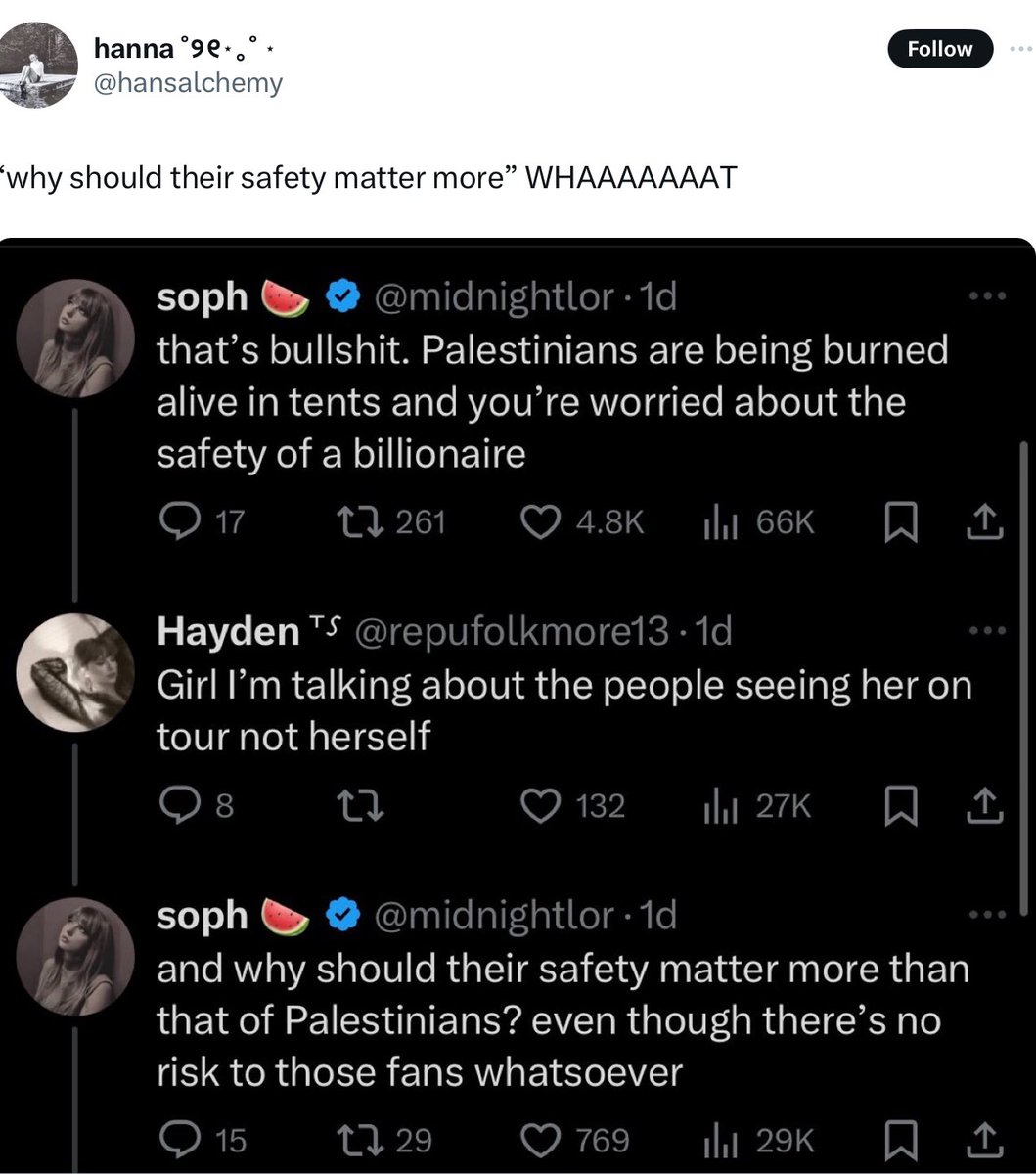 i will explain this ONCE because some of you are extremely dense.

NOWHERE did i say that fans’ lives “matter less”. basic comprehension tells you that i am saying that fans’ lives should *not be valued OVER Palestinian lives because *all lives are equally worthy and Palestinian