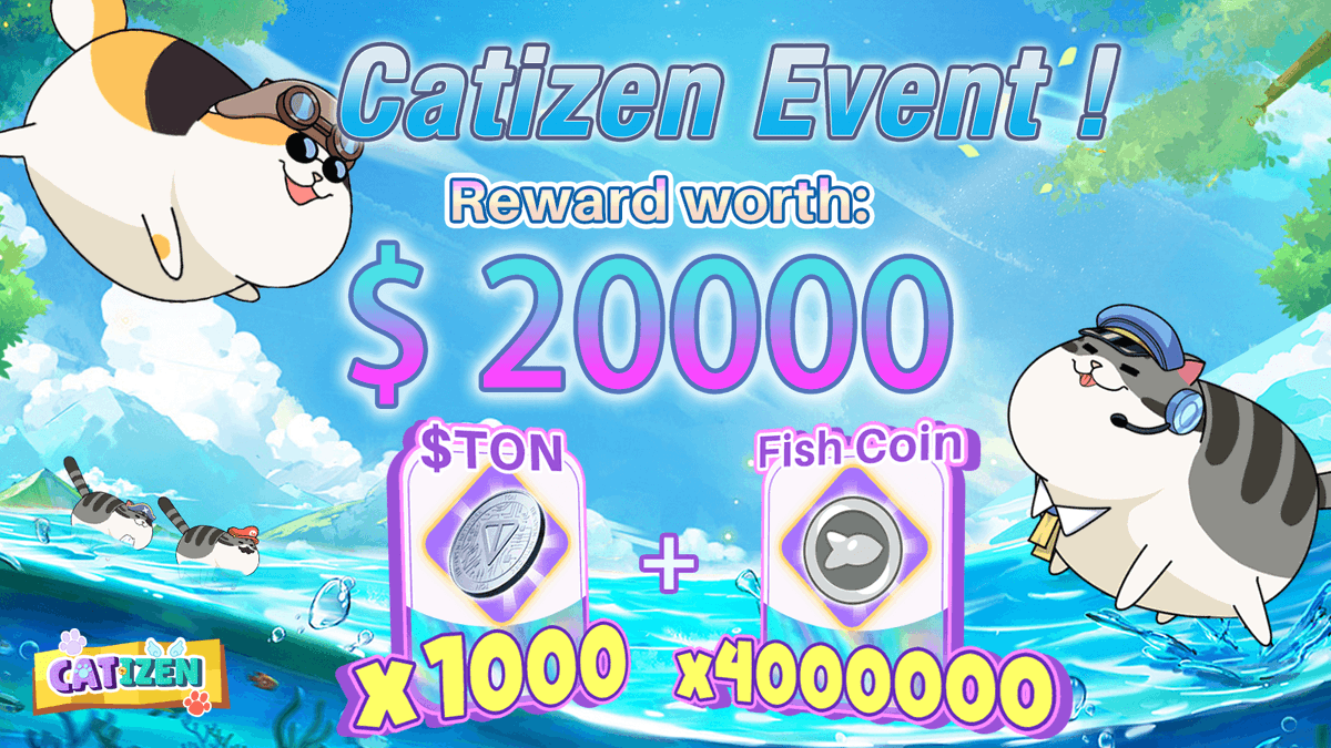 🔥 Catizen Fishing Event 🔥 gleam.io/B8yT8/catizen-… 🚀 Catizens, Аre you ready to win some cool prizes? 💸 Prize pool: 1000 $TON & 4000000 Fish Coins 🗓 Dates: May 30 - Jun 3 🎁 Prize drawings: · 1000 $TON - 10 $TON per winner, 100 winners · 4000000 Fish Coins - 1000 Fish