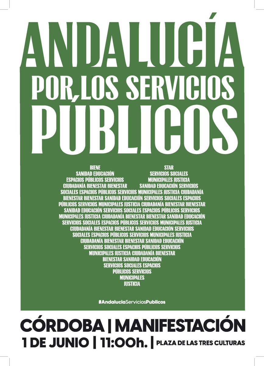 El sábado 1 de junio salimos a la calle en toda Andalucía para defender nuestros Servicios Públicos, amenazados por el Gobierno de la derecha. En Córdoba no vemos a las 11h en la Glorieta de las 3 Culturas. #SalvemosLoPublico #1J #1JAndaluciaPorLoPublico