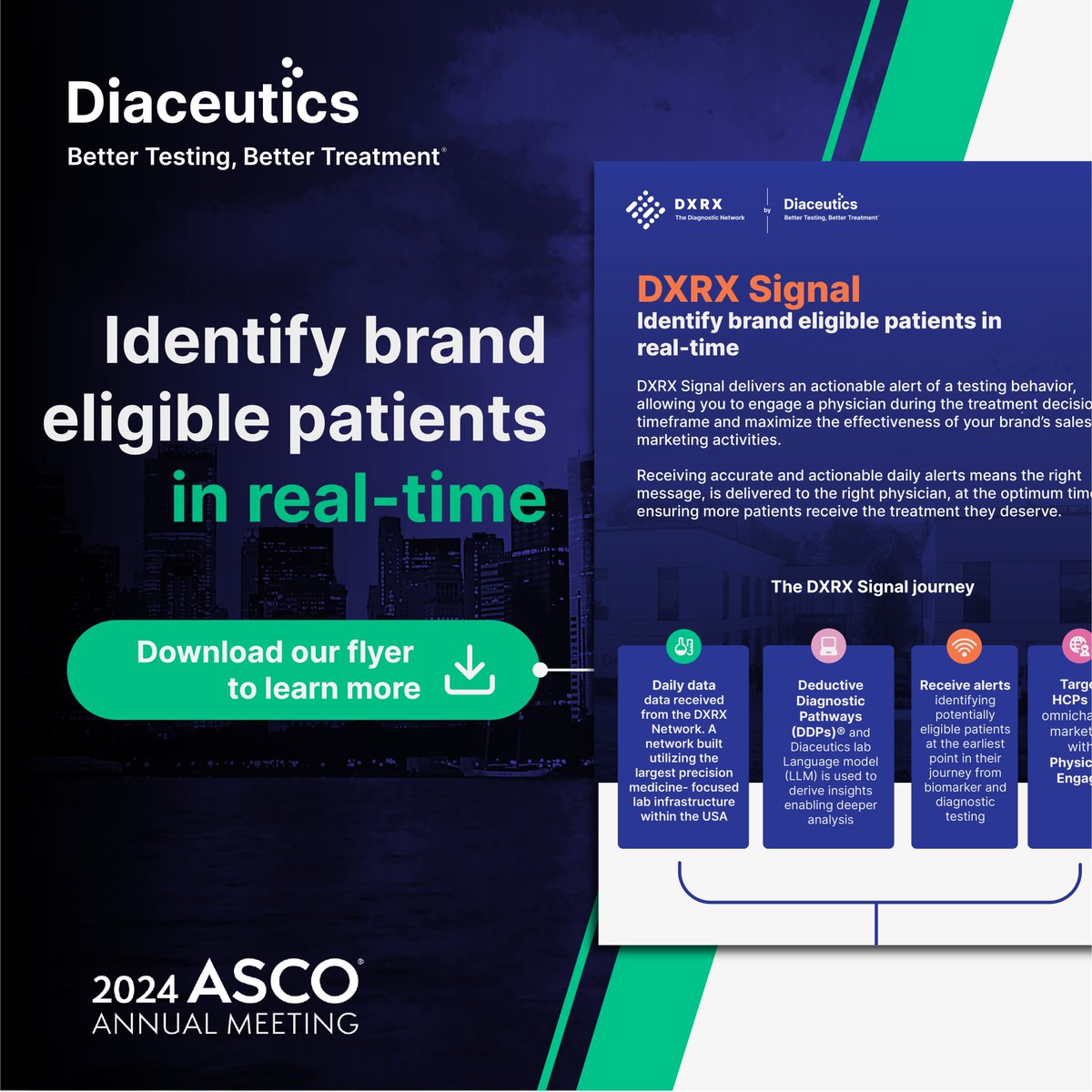DXRX Signal delivers an actionable alert of a testing behavior, allowing you to engage a physician during the treatment decision timeframe, maximizing effectiveness of your sales and marketing activities. Meet our team at ASCO to learn more:  go.diaceutics.com/ASCO2024 
#ASCO2024