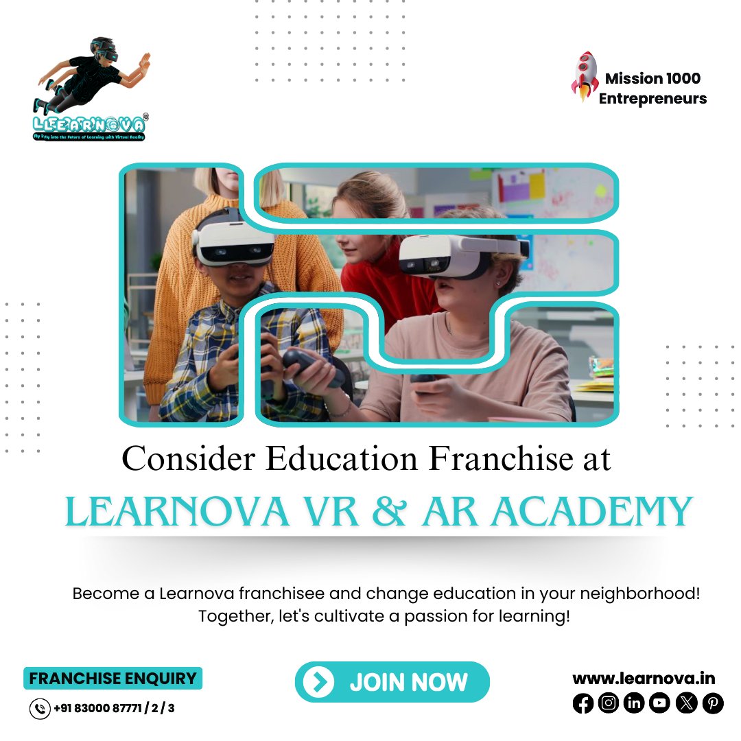 LearnovaIndia's tweet photo. 🌟🎓 Thrilling Update! 🎉 

Embark on a Transformational Journey as a Learnova VR &amp; AR Academy Franchise Partner! 💼

For franchise inquiries 📞
+91 83000 87771/2/3

visit our website:  https://t.co/XQxcWkPe2g

#VirtualReality #FranchiseOpportunity #uvisoft #learnova #VR  #AR https://t.co/oWR4UORpLA