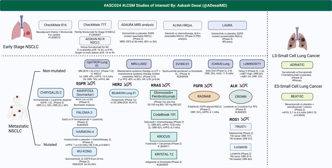 🚨T-1 #ASCO24 <a href="/ASCO/">ASCO</a>! 💪🏼 
All set to showcase exciting #NSCLC #LCSM research! #ASCOLung24

⬇️ Current updated management algorithm for NSCLC, with addition of 
1️⃣ Periop Pembrolizumab
2️⃣ Adjuvant Alectinib
3️⃣ Osi/Chemo for EGFRm
4️⃣ Ami/Chemo for EGFR Ex20ins 
5️⃣ Repotrectenib ROS1