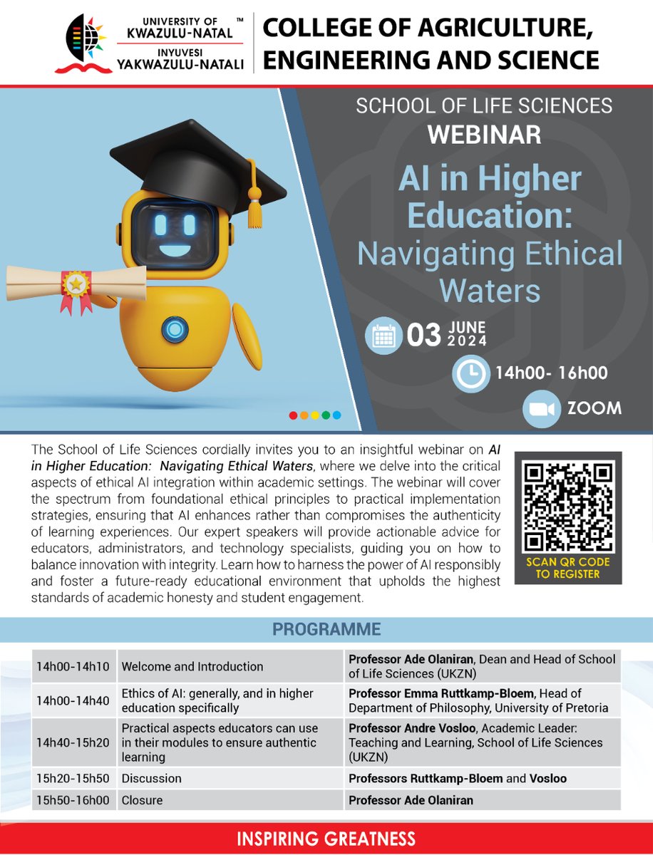 Do you want to explore the ethical implications of AI ? Join our online workshop, AI in Higher Education: Navigating Ethical Waters, Monday 3 June @ 14h00. Scan the QR code to register. #EthicsInAI