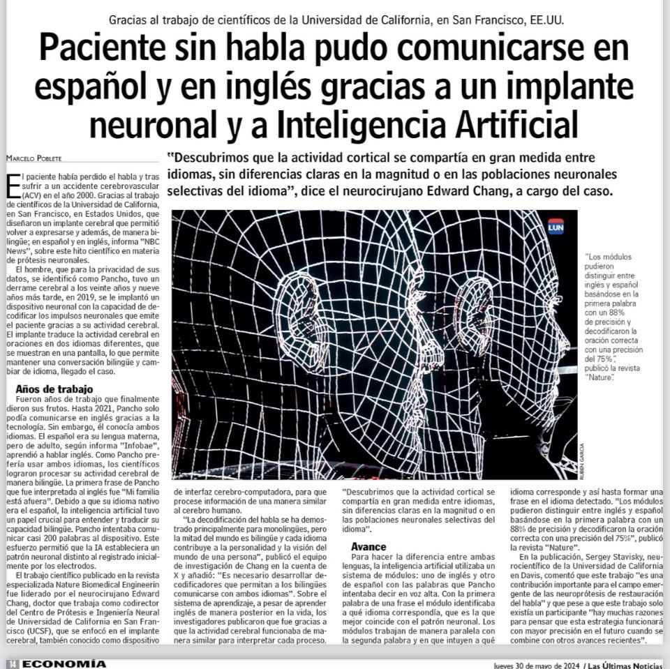 ClaudiaDides's tweet photo. Gran avance científico “Paciente sin habla pudo comunicarse en inglés y español gracias a un implante neuronal y la inteligencia artificial” ⬇️ #IA https://t.co/sGyzOozsNr