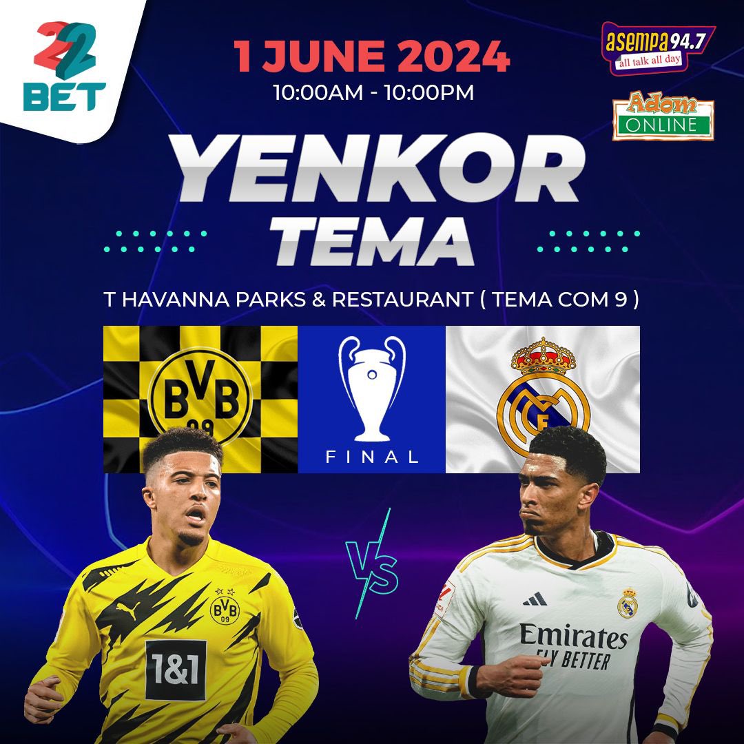 Let's meet in T Havana Park in Tema Com. 9 to watch the UCL final game. Lots of prizes, including jerseys and branded 22Bet souvenirs such as caps, T-shirts, face towels, and bottles, will be shared. Check their pinned tweet and comment your number for your TnT. #22BetAlwaysPays.