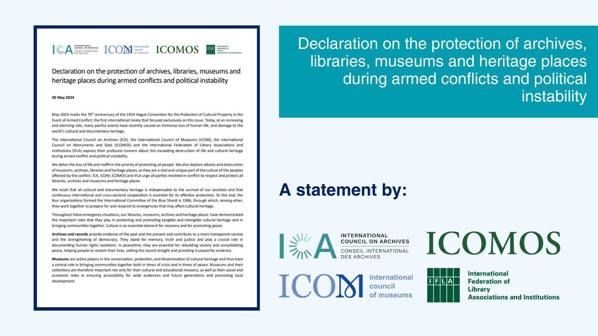 ICOMOS (@icomos) on Twitter photo 📜 Declaration on the protection of archives, libraries, museums & heritage places during armed conflicts & political instability
Read the <a href="/ICArchiv/">ICA - International Council on Archives</a> <a href="/IcomOfficiel/">International Council of Museums (ICOM)</a> <a href="/IFLA/">IFLA</a> & #ICOMOS Statement
➡️ buff.ly/4c2Pn8d 📜 Declaration on the protection of archives, libraries, museums & heritage places during armed conflicts & political instability
Read the <a href="/ICArchiv/">ICA - International Council on Archives</a> <a href="/IcomOfficiel/">International Council of Museums (ICOM)</a> <a href="/IFLA/">IFLA</a> & #ICOMOS Statement
➡️ buff.ly/4c2Pn8d