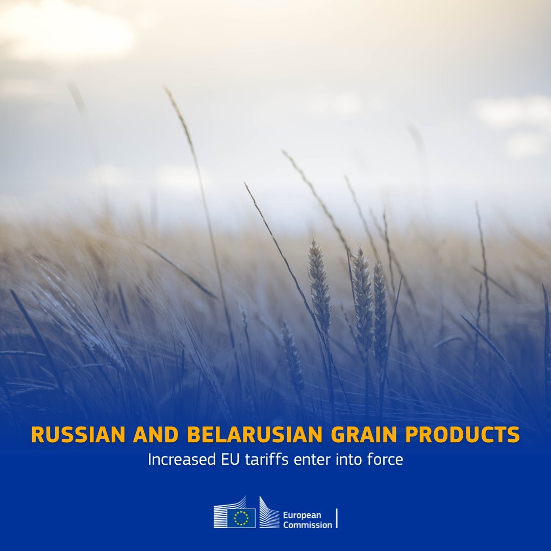 We're taking action to prevent our agricultural sector from being destabilised by Russian import, while protecting 🇺🇦 exports. Following @EUCouncil adoption, tariffs on imports of cereals, oilseeds, and derived grain products from Russia and Belarus will be increased. More info