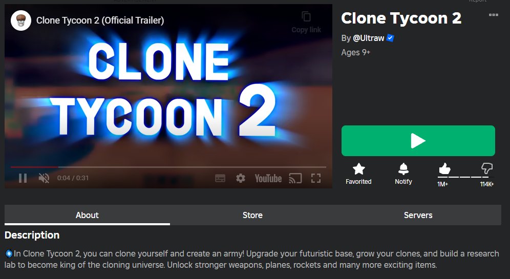 Clone Tycoon 2 reached 750,000,000 visits recently! But how did I come up with the idea?

😭2012 - I played "Clone Tycoon", but it was just a clickbait thumbnail! 
📈2015 -I turned the concept into a reality
🤩2016 - Clone tycoon 2 released

#RobloxDev #Roblox