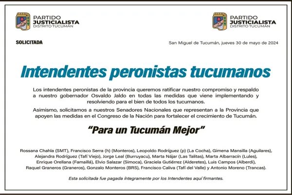 Josecitors's tweet photo. Los intendentes peronistas de Tucumán le piden a través de una solicitada a los senadores de su espacio (@JuanManzurOK y #SandraMendoza) que voten a favor de la Ley Bases
👉🏼 entre los firmantes están @RossanaChahla y la Intendenta de Tafí Viejo, Alejandra Rodriguez
🫂 además en la solicitada ratifican su respaldo al Gobernador @OsvaldoJaldo “en todas las medidas que viene implementando “