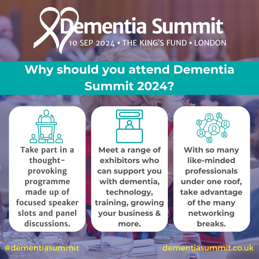 💡 Are you a leader of dementia care in your setting? Join other care professionals The Kings Fund London on the 10th September 2024 to be equipped with the tools, knowledge and network to deliver outstanding dementia care. 🧠 ➡ bit.ly/3PlIi9H #dementiasummit