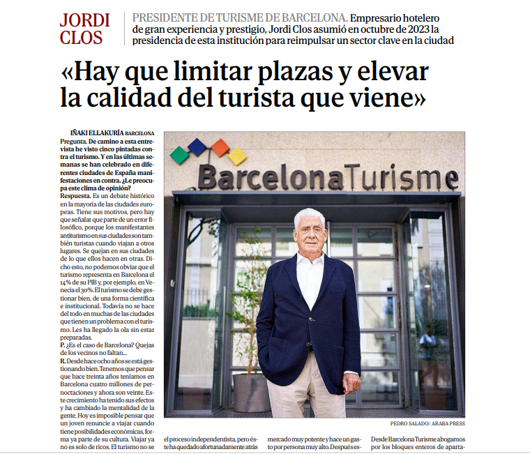 Jordi Clos in the interview with El Mundo🗣️: 'We're not aiming to increase numbers, but to improve the type of visitor. We need to raise the quality of tourists visiting Barcelona.' ➡️tuit.cat/v4T0W @BarcelonaInfoEN @bcn_ajuntament @cambraBCN @TurismeDIBA @gremihotelsbcn