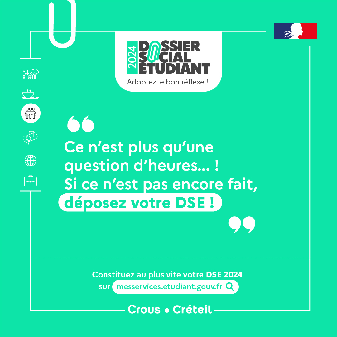 Dernier jour pour faire votre demande ! ⏱‼ 👉 Pour constituer votre DSE, rendez-vous sur messervices.etudiant.gouv.fr ! @UPECactus @UnivParis8 @univ_spn @UGustaveEiffel #DSE #bourses #logements #étudiants #parcoursup2024 #parcoursup