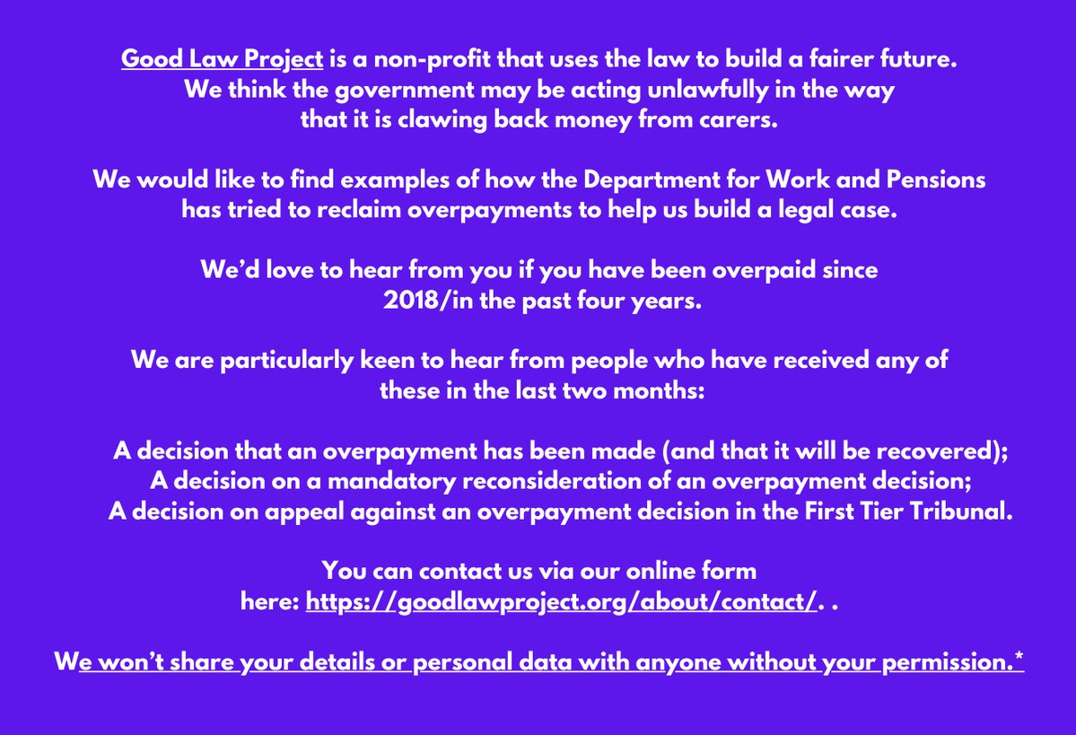 Have you been affected by the carer’s allowance overpayment scandal? @GoodLawProject would like to know, they are trying to build a legal case! You can contact them via their online form here: goodlawproject.org/about/contact/ Please read & share the below statement for essential info 👇