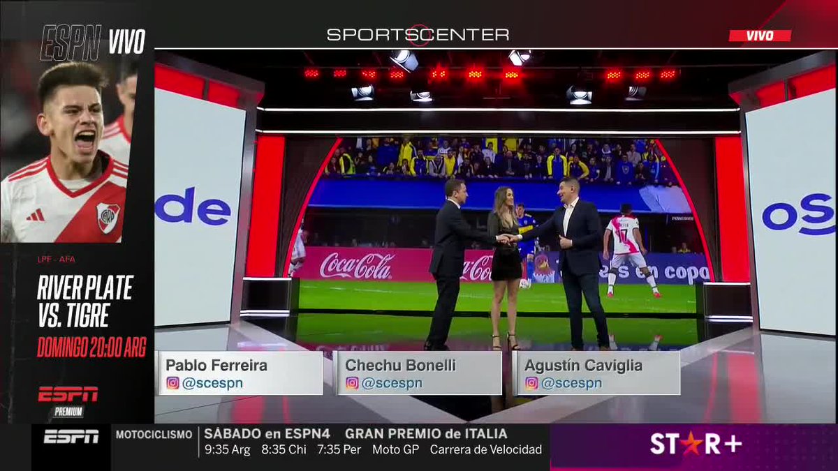 SportsCenter (@sc_espn) on Twitter photo ¡Bienvenidos a #SportsCenter! Prendete de la mano de Pablo Ferreira, <a href="/chubonelli/">Chechu Bonelli</a> y <a href="/agustincaviglia/">Agustin Caviglia</a> con todo el repaso de la jornada copera y la previa de todo lo que se viene.
📺 #ESPNenStarPlus ¡Bienvenidos a #SportsCenter! Prendete de la mano de Pablo Ferreira, <a href="/chubonelli/">Chechu Bonelli</a> y <a href="/agustincaviglia/">Agustin Caviglia</a> con todo el repaso de la jornada copera y la previa de todo lo que se viene.
📺 #ESPNenStarPlus