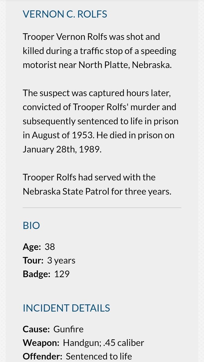 Honor the Fallen. Today we remember Nebraska State Patrol Trooper Vernon Rolfs who was shot and killed in the line of duty on this day in 1953.