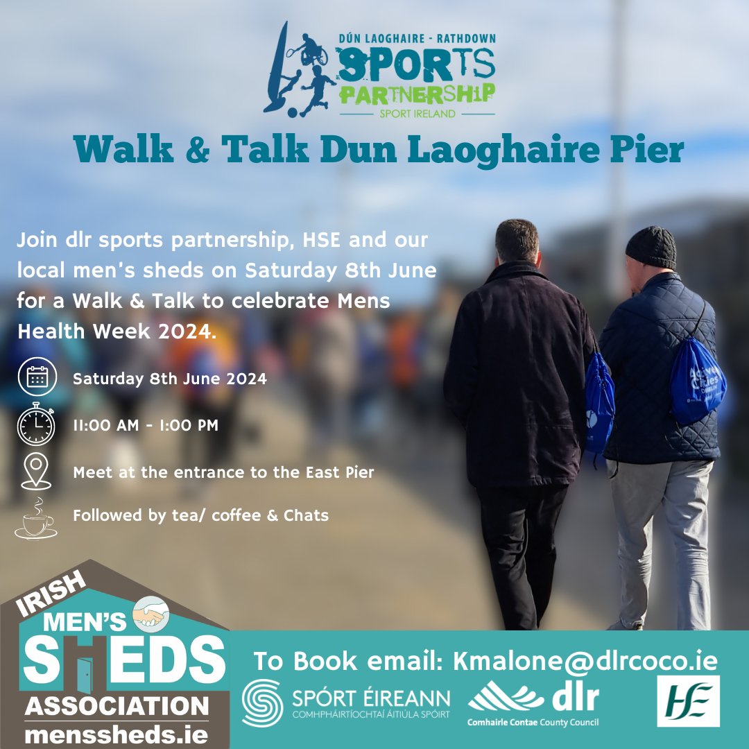 To celebrate Men's Health Week 2024 we invite the men of DLR to join us for a walk & talk on Dun Laoghaire Pier on Saturday 8th June. This will be an easy social walk followed by tea, coffee and chats! To book please contact Kevina on kmalone@dlrcoco.ie @dlrcc @sportireland