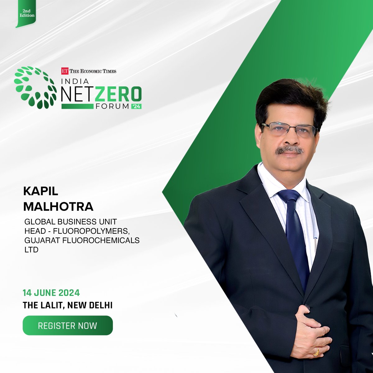 #SpeakerAnnouncement We're excited to welcome Kapil Malhotra, Global Business Unit Head - Fluoropolymers, @fluorochemicals, to #ETIndiaNetZero! He will delve into the crucial intersection of economic growth, technology, and sustainability. Register Now: bit.ly/4a9Nbek