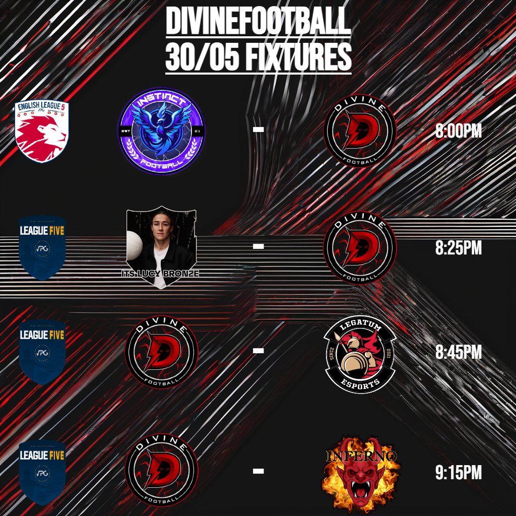 Fixtures for tonight! Looking to end the week strong and put the last push for the title in the English league! #VPG #DivineFootball #UpTheDivine