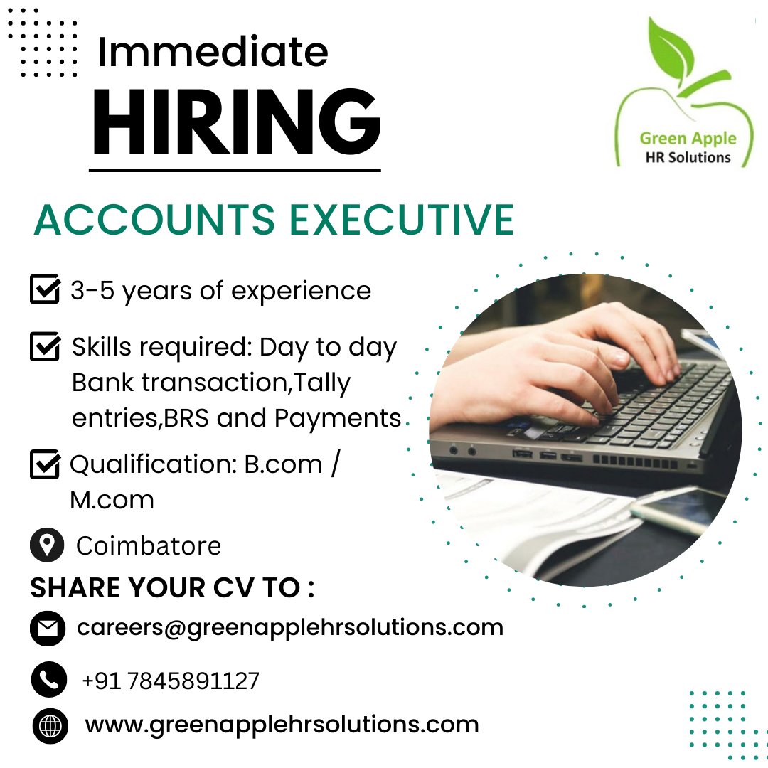 We are looking for ACCOUNTS EXECUTIVE with 3 - 5 years of experience
#greenapplehrsolutions #recruitmentagency #jobconsultancy #jobs2024 #hiring #accountexecutive #opentowork #jobvacancy #hiringnow