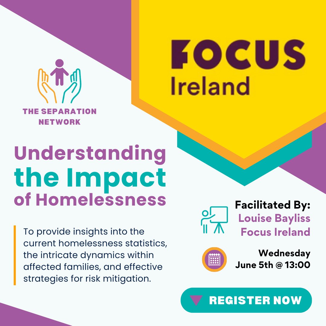 The Separation Network is hosting a free workshop facilitated by @FocusIreland on June 5th. If you're a front line practitioner who wants to understand the impact of homelessness on separated families this workshop is for you! Learn more here: onefamily.ie/understanding-…