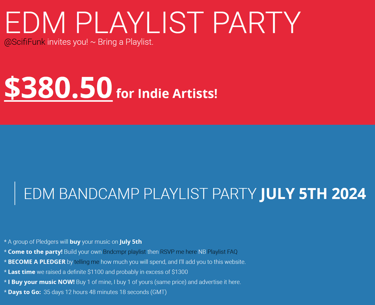 ScifiFunk's tweet photo. #electronic #funk #EDM #synthwave Artists #followthursday #ff (1/4)
- 162 Artists in Total.
@SpaceyBlurr
@ThySevenSynth
@prostlume_PR
@BrightLiUK
@JordanESP
@SilvrSage
@TommyBadLabel
-BANDCAMP PLAYLIST PARTY 5th July
-We buy (your?) EDM Music on July 5! (Fund Total $380.50 and growing)
-I'm adding everyone on this list to the website (currently up to “M”), increase your chance of
-Selling/being played by Join by Following https://t.co/eVOREvIvLI
and setting up a playlist at https://t.co/7BvalOtCnd Then DM me.
@John__Serrano
@AwakeWhileDrmng
@groophz
@LinearNorth
@roguefxsynth
@tdctunes
@ThePixiePost
@darkmushroom67