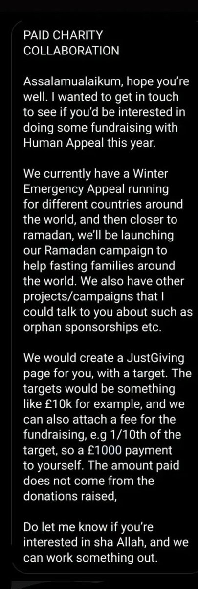 Resonatingwords's tweet photo. @BroHajji A message I was sent from human appeal few years ago. Called them out for it since but only seems to be getting worse every year https://t.co/m5uEDoUU5I