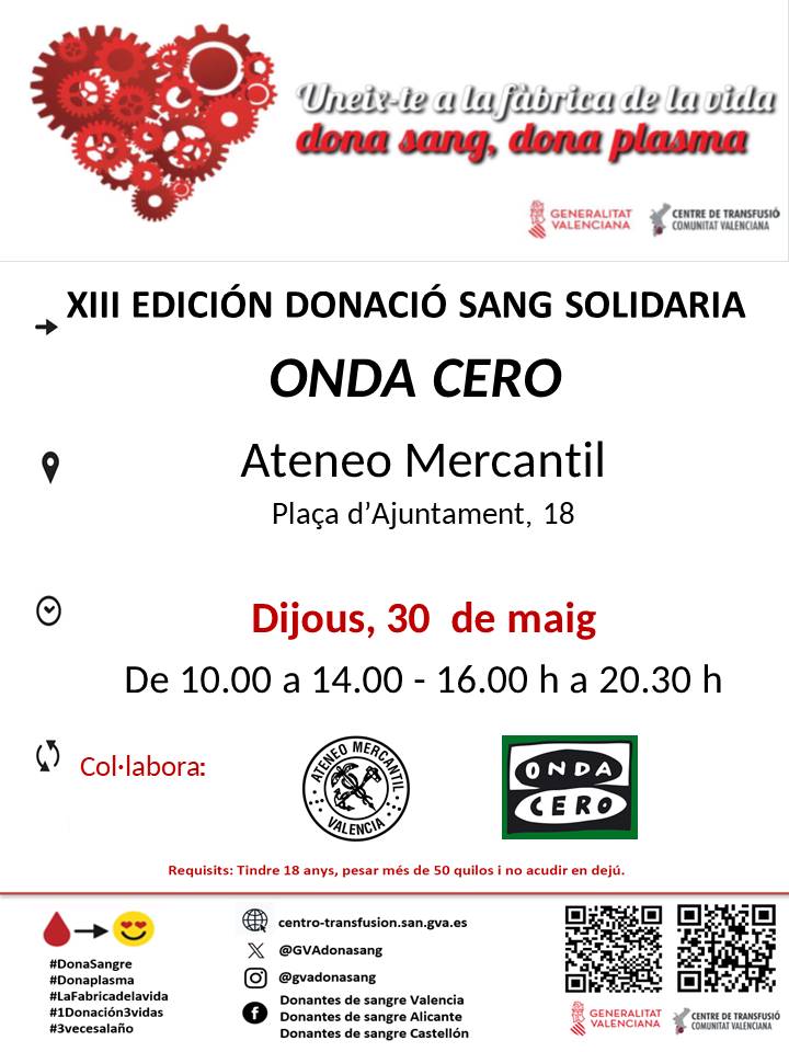 XIII Edició de Donació de Sang @OCRValencia

📆 dijous #30Maig
📌@AteneoValencia
🕣10:00-14:00🕣16:00-20:30

Dona sang, dona plasma
Uneix-te a #LaFàbricaDeLaVida❤️