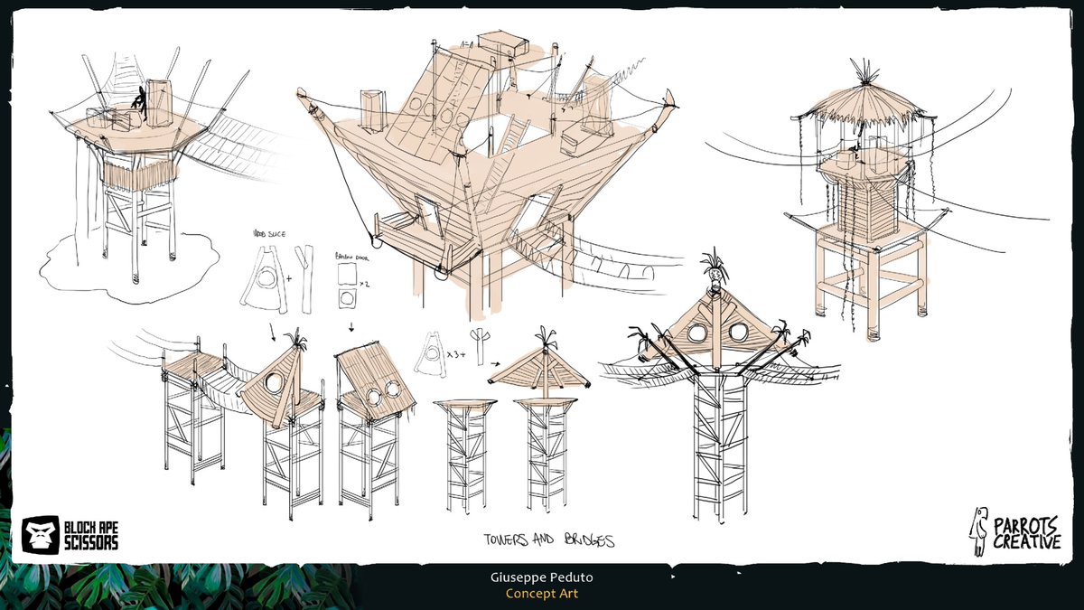 Inspired by the Star Wars planets of Kashyyk and Endor we built intricate wooden platforms for apes to traverse the upper canopy.

These connected settlements via a network of bridges that also allowed apes to patrol their borders.