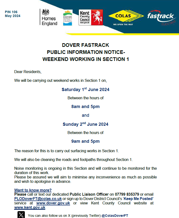 PIN 106 - Weekend working in Section 1
<a href="/DoverDC/">Dover District Council</a> <a href="/Kent_cc/">Kent County Council</a> <a href="/KentHighways/">KCC Highways</a>
