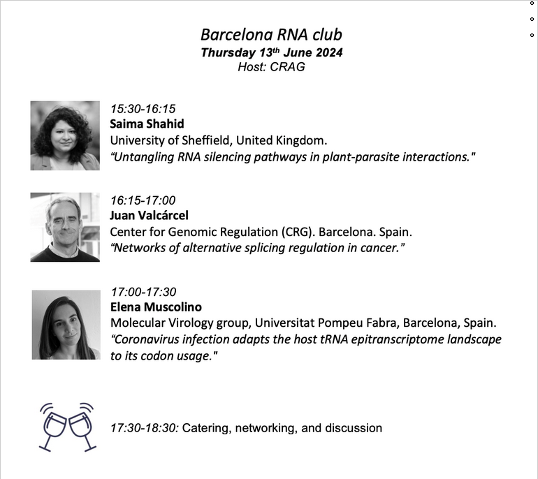 Ignacio Rubio Somoza (@i_rubio_somoza) on Twitter photo Come join us on June 13th <a href="/baRNA_meetings/">baRNAclub</a> with awesome speakers and posterior networking with fresh drinks. Free registration here shorturl.at/LOQFd organized <a href="/BolognaLab/">RNA Biology</a> <a href="/I_Rubio_Somoza/">Ignacio Rubio Somoza</a> <a href="/GebauerLab/">Gebauer Lab</a> and supported <a href="/cragenomica/">CRAG</a> <a href="/CRGenomica/">Centre for Genomic Regulation (CRG)</a> <a href="/RNASociety/">The RNA Society</a> <a href="/lexogen/">Lexogen</a> Come join us on June 13th <a href="/baRNA_meetings/">baRNAclub</a> with awesome speakers and posterior networking with fresh drinks. Free registration here shorturl.at/LOQFd organized <a href="/BolognaLab/">RNA Biology</a> <a href="/I_Rubio_Somoza/">Ignacio Rubio Somoza</a> <a href="/GebauerLab/">Gebauer Lab</a> and supported <a href="/cragenomica/">CRAG</a> <a href="/CRGenomica/">Centre for Genomic Regulation (CRG)</a> <a href="/RNASociety/">The RNA Society</a> <a href="/lexogen/">Lexogen</a>
