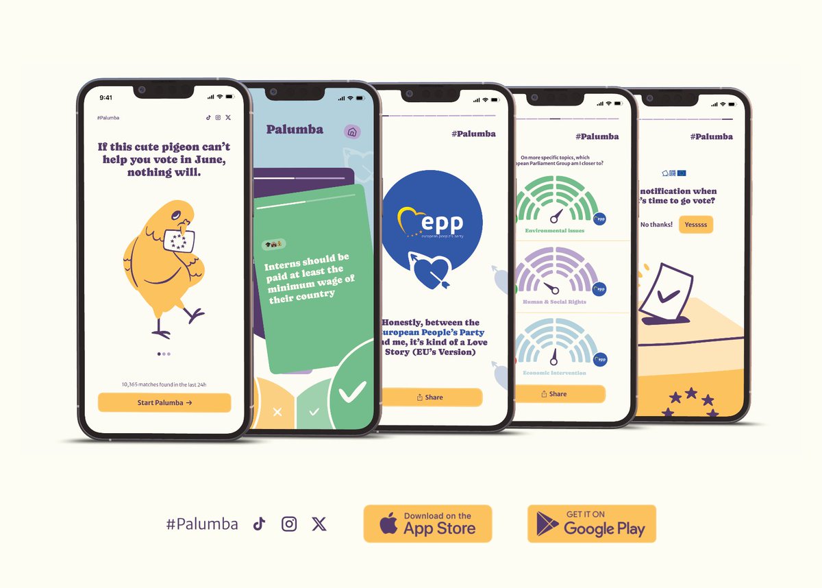 PalumbaEU's tweet image. Confused about who to vote for next week? Use #Palumba!

We made a freaking pigeon 🐦 look cute so that you download a non-partisan app to find out who best supports your priorities at the #EUElections 😌

👉 Start swiping on palumba.eu today!