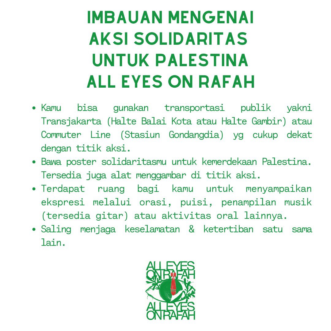 Jumat sore, 31 Mei 2024, kita jumpa di depan Kedubes AS 🔥

ALL EYES ON RAFAH