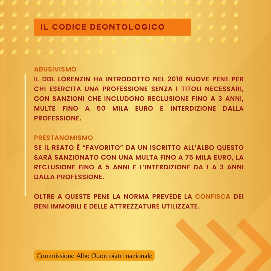 All’Art. 15, il Codice di Deontologia medica affronta il tema del #prestanomismo e dell’#abusivismo della professione; si tratta di norme cruciali per garantire la corretta pratica medica e la tutela dei pazienti.

Vediamo insieme qualche informazione in più 👇