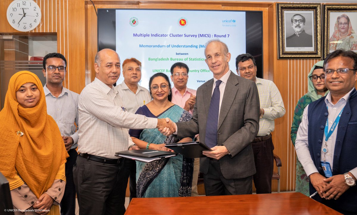 Today, <a href="/UNICEF/">UNICEF</a>, together with the Bangladesh Bureau of Statistics (BBS), signed a Memorandum of Understanding to collaborate in conducting the Multiple Indicator Cluster Survey (MICS), a comprehensive data collection effort shedding light on the lives of children and women in 🇧🇩.