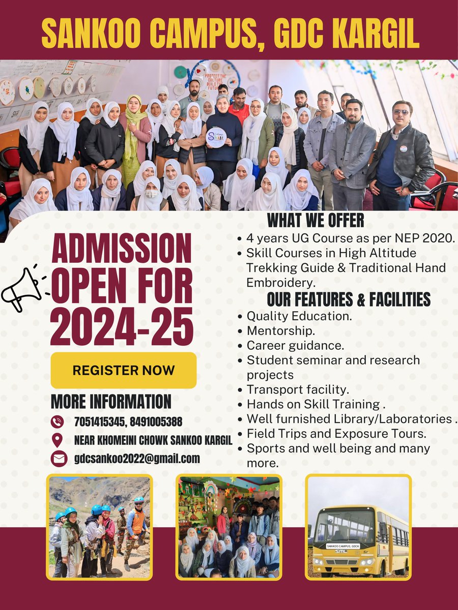 Admission open for 2024-25 session at GDC Sankoo. Hurry up students. @LadakhSecretary @DIPR_Kargil @prasarbharti @AICTE_INDIA