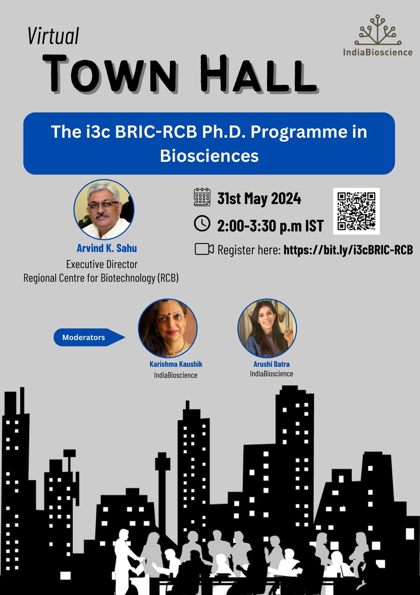 A reminder to register for our second Virtual Town Hall meeting on the i3c-BRIC-RCB PhD programme! Happening tomorrow! 👩‍🔬 🔬 👨‍🔬 @unescorcb 📅 31 May 2024 ⏰ 2:00 PM-3:30 PM IST 💻 For more information and to register: bit.ly/i3c-bric-rcb