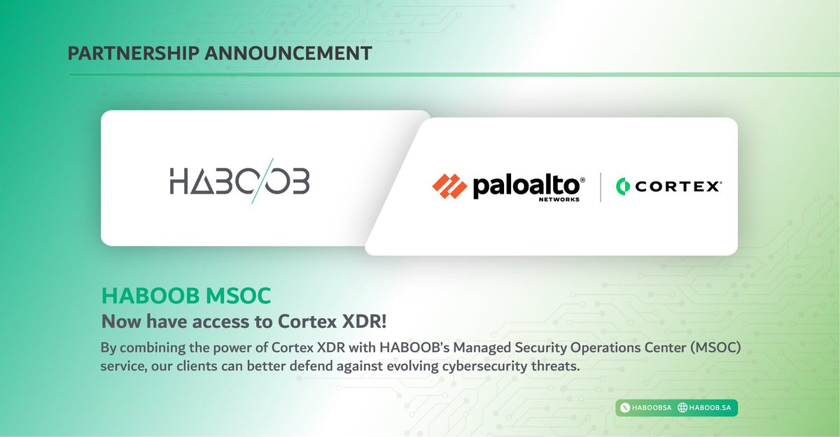 #HABOOB is proud to announce that we have become #PaloAltoNetworks XMDR Partner!

This strategic partnership allows to provide Cortex XDR as part of HABOOB Managed Security Operations Center MSOC service. Along with existing HABOOB MSOC capabilities, Cortex XDR will provide more