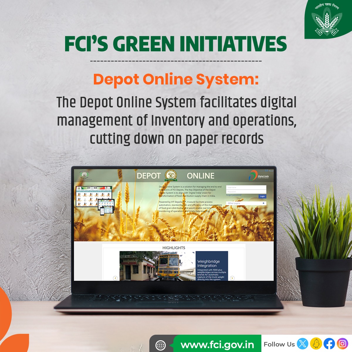 The Depot Online System is part of FCI's numerous green initiatives aimed at creating an eco-friendly workflow. This digital platform streamlines inventory management and operations, eliminating the need for paper records. #DigitalIndia