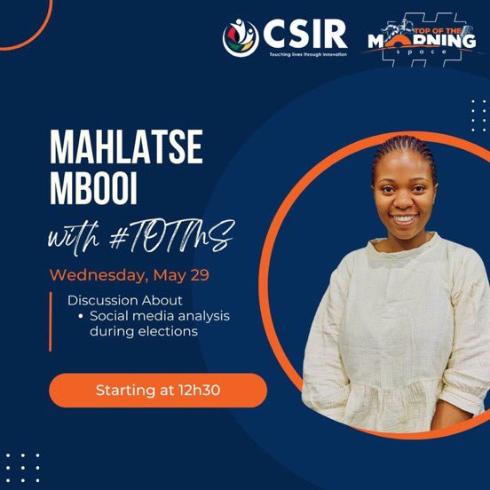 We have <a href="/wiwizer1/">Mahlatse</a> from <a href="/CSIR/">CSIR 🇿🇦</a>  as a guest on #TopOfTheMorningSpace
Come join us.
